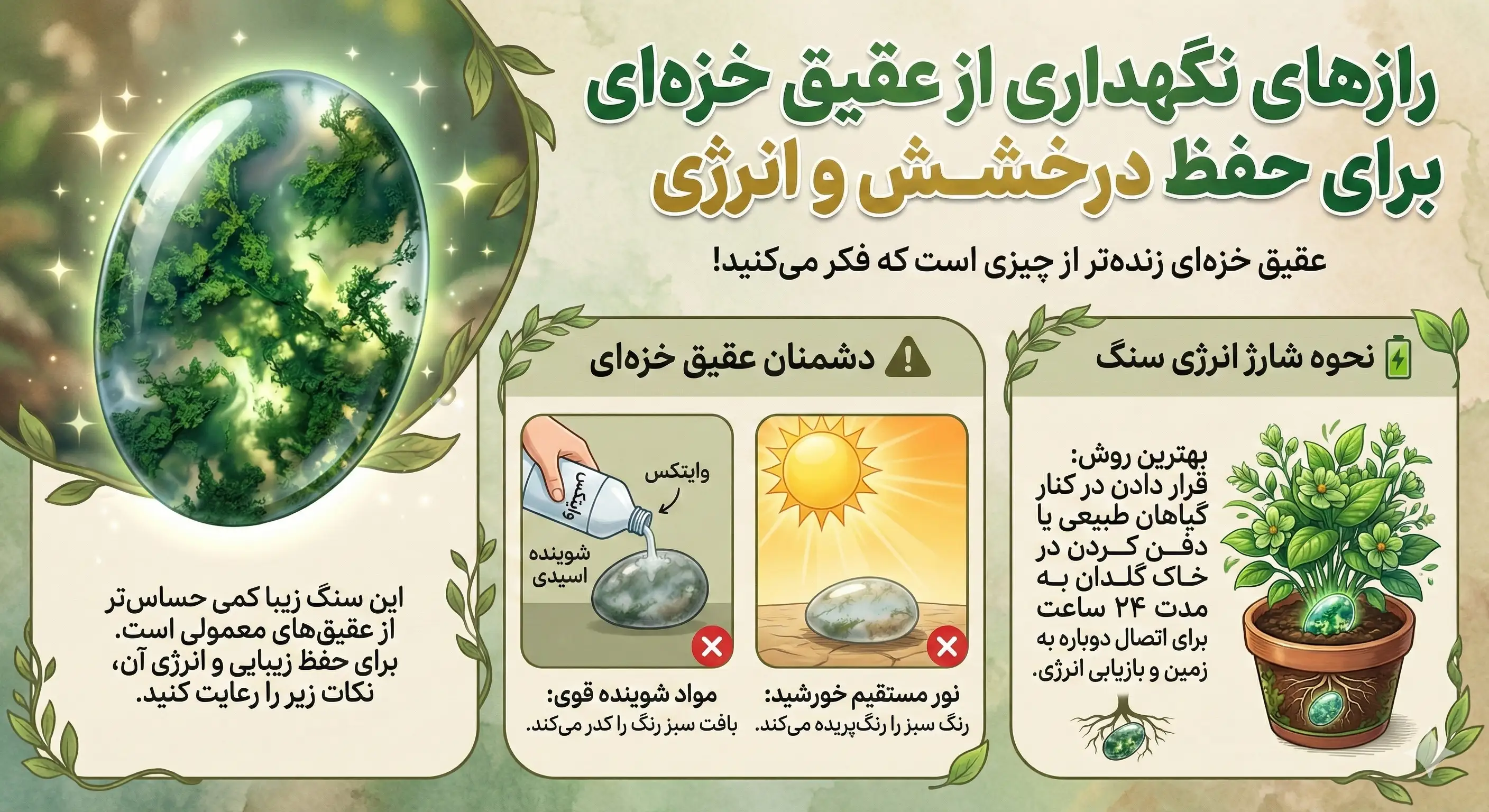 رازهای نگهداری از عقیق خزه‌ای: راهنمای عملی برای حفظ درخشش و انرژی ابدی